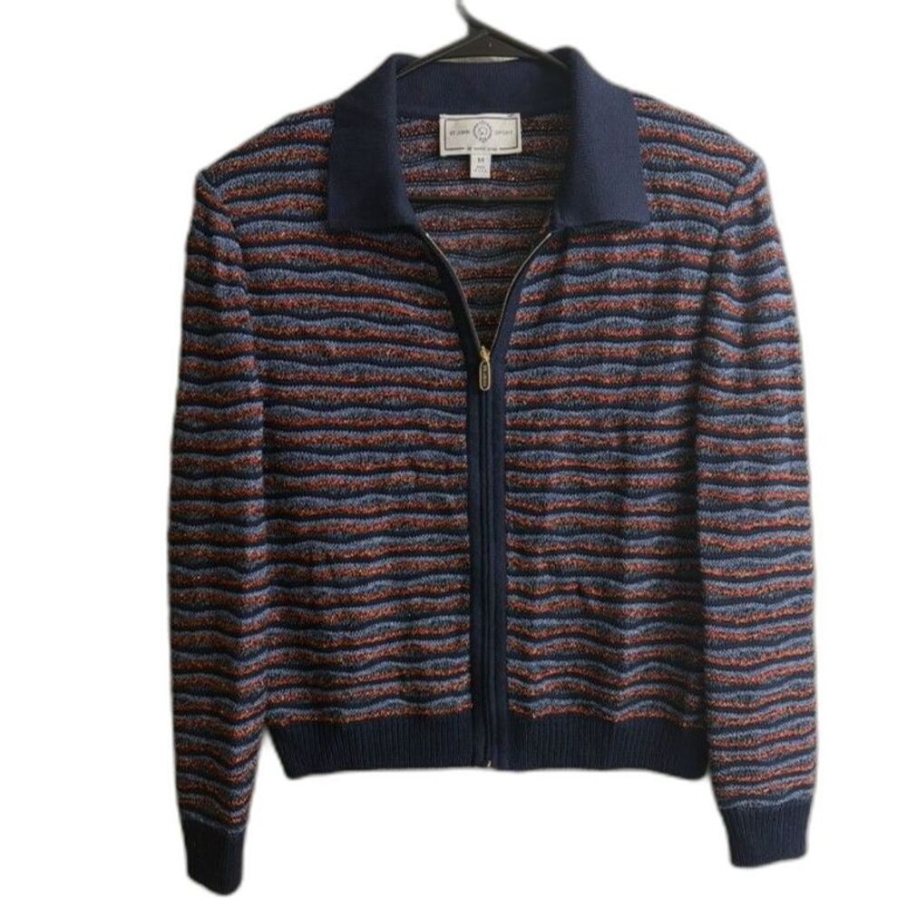 St. John Sport Striped Long Sleeve Full Zip Cardigan Jacket Size M